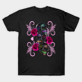 Triple Black Day Of The Dead Skulls Pink Roses T-Shirt